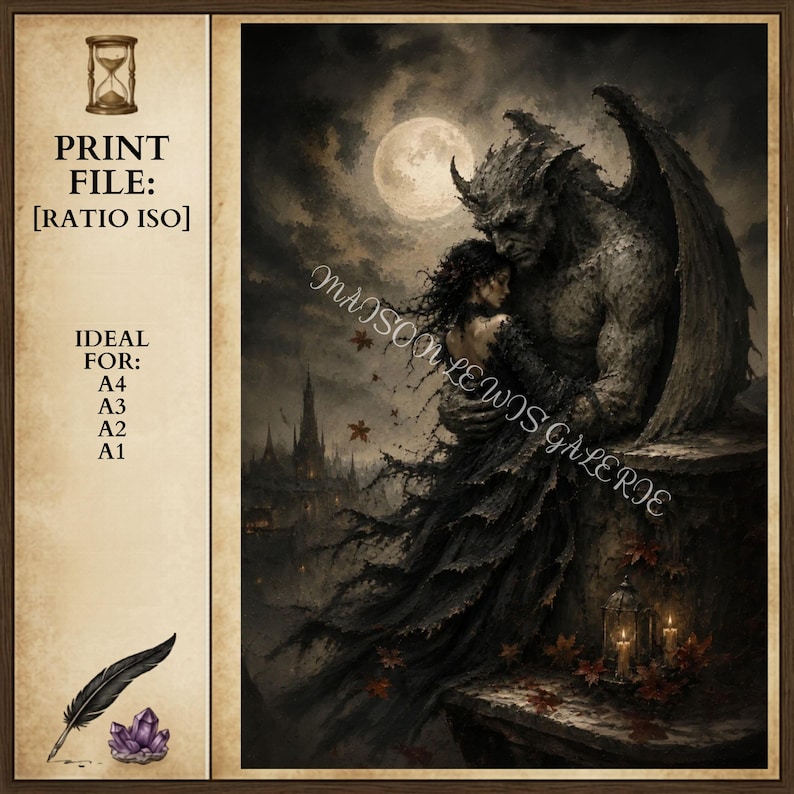 May include: Digital art print featuring a gothic scene of a winged gargoyle embracing a woman under a full moon. The artwork is in shades of gray and black, with a castle in the background. The print file is available in [RATIO ISO] and ideal for A4, A3, A2, and A1 sizes.