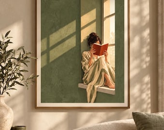 May include: A framed wall art print depicting a person with dark hair in a bun, wearing a striped robe, sitting in a window frame and reading an open red book. The scene features sage green walls, warm sunlight casting window pane shadows, and a neutral frame.