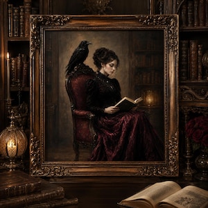 May include: A framed portrait depicts a woman in a dark dress reading a book, seated in a red armchair. A black raven perches on the chair's back. The artwork is set in a library with bookshelves and a warm, golden frame.