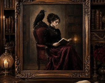 May include: A framed portrait depicts a woman in a dark dress reading a book, seated in a red armchair. A black raven perches on the chair's back. The artwork is set in a library with bookshelves and a warm, golden frame.