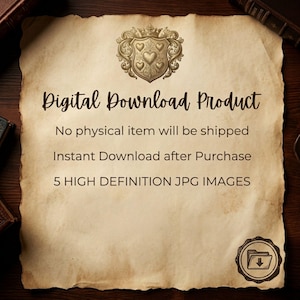 May include: A parchment-style digital download product announcement. The text reads "Digital Download Product" and "5 HIGH DEFINITION JPG IMAGES". A decorative crest and a file folder icon are also visible.
