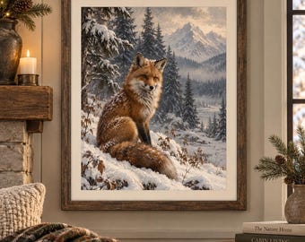 Könnte beinhalten: Ein gerahmter Kunstdruck, der einen Rotfuchs in einer verschneiten Landschaft zeigt. Das Bild zeigt einen Fuchs mit dichtem Fell inmitten von schneebedecktem Boden, Tannenbäumen und fernen Bergen unter einem sanften Himmel. Dunkler Holzrahmen.