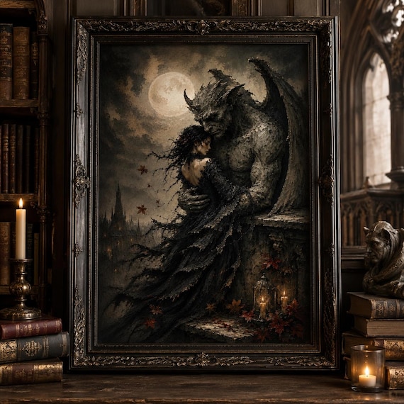 Gothic Romance Wall Art, Gargoyle and Woman Printable Print, Dark Romantasy Decor, Monster Romance Poster, Moody Gothic Bedroom Art