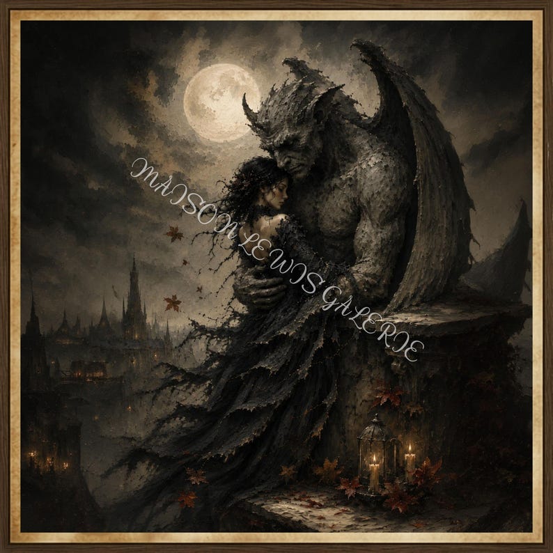 May include: A framed gothic art print depicts a winged gargoyle embracing a woman under a full moon. The artwork is in shades of gray and black, with a medieval city in the background. The text "MAISON LEWIS GALERIE" is visible.