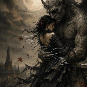 May include: Digital art print of a dark fantasy scene. A woman in a black gown is embraced by a horned, stone-like figure. A full moon and a gothic city are in the background. The artwork has a moody, romantic feel.