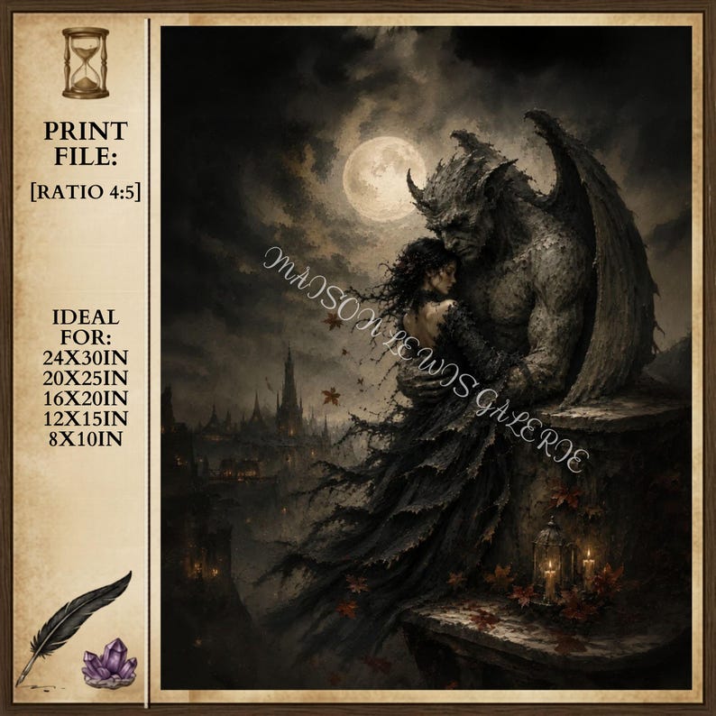 May include: A digital art print featuring a gothic scene with a horned creature embracing a woman under a full moon. The print includes the text "MAISON LEWIS GALERIE" and is ideal for 24x30in, 20x25in, 16x20in, 12x15in, and 8x10in frames.