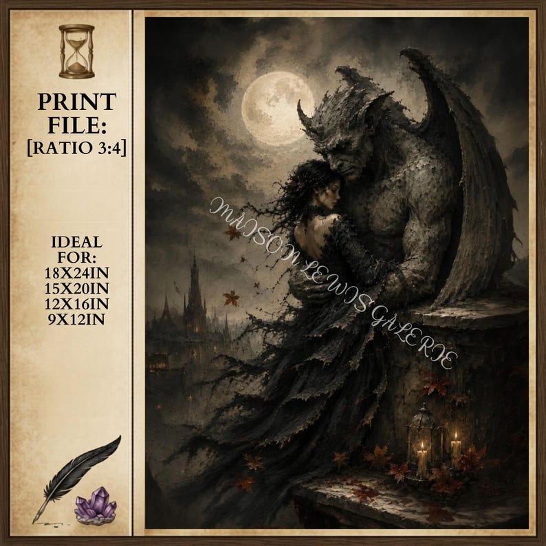 May include: A digital art print featuring a gothic scene with a horned creature embracing a woman under a full moon. The artwork is dark with a medieval castle in the background. The print file ratio is 3:4 and is ideal for 18x24in, 15x20in, 12x16in, and 9x12in frames.