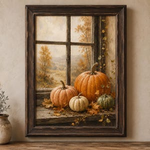 May include: A framed wall art print depicting a rustic window view with three pumpkins of varying sizes and colours, including orange, white, and green, resting on a wooden sill amidst scattered autumn leaves and climbing vines.