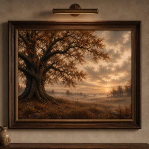 May include: A framed landscape painting featuring a large, textured oak tree with autumn-coloured foliage standing on a grassy hill. The scene depicts a misty field at sunrise with a soft, golden glow illuminating the horizon and scattered clouds.