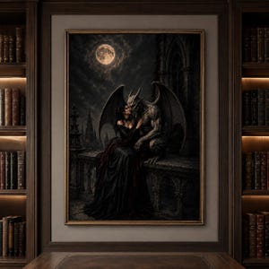 May include: A framed wall art print depicting a person in a long black dress sitting on a stone balcony with a winged gargoyle creature under a full moon. The scene features dark gothic architecture, a cloudy night sky, and a moody color palette.