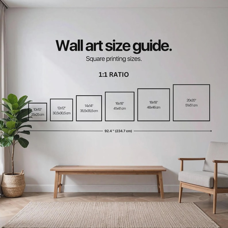 May include: Wall art size guide with square printing sizes, including 10x10 inches, 12x12 inches, 14x14 inches, 16x16 inches, 18x18 inches, and 20x20 inches. The total width is 92.4 inches. The text reads "Wall art size guide."