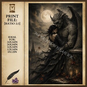 May include: A gothic-style print featuring a winged gargoyle embracing a woman under a full moon. The artwork is dark with shades of gray and black, with the text "MAISON LEWIS GALERIE" and print size options. A feather and amethyst are also shown.