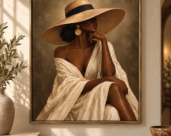 May include: A framed wall art print depicting a person with dark skin wearing a wide-brimmed straw hat with a black band and a textured cream-colored wrap dress. The person wears a large gold circular earring and is posed with one hand near the chin.