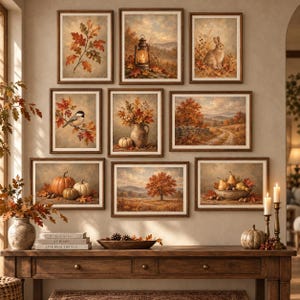 Peut inclure: Une composition murale de neuf cadres présentant des thèmes automnaux tels que des feuilles de chêne, une lanterne, un lapin, un oiseau, un vase citrouille, un paysage, des citrouilles, un arbre et des poires, au-dessus d'une console.