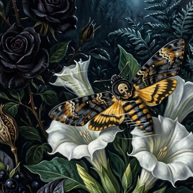 Death's Head Moth Print | Dark Botanical Wall Art | Printable Gothic ...