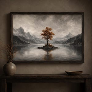 May include: A framed landscape painting featuring a single orange-leafed tree on a small island in the centre of a calm lake, surrounded by grey mountains under a cloudy sky. The artwork is displayed above a dark wooden console table with a vase.