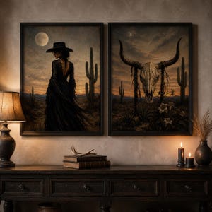 Western Gothic Wall Art Set of 2, Cowgirl and Cow Skull Prints, Dark Southwestern Decor, Moody Desert Printable Duo