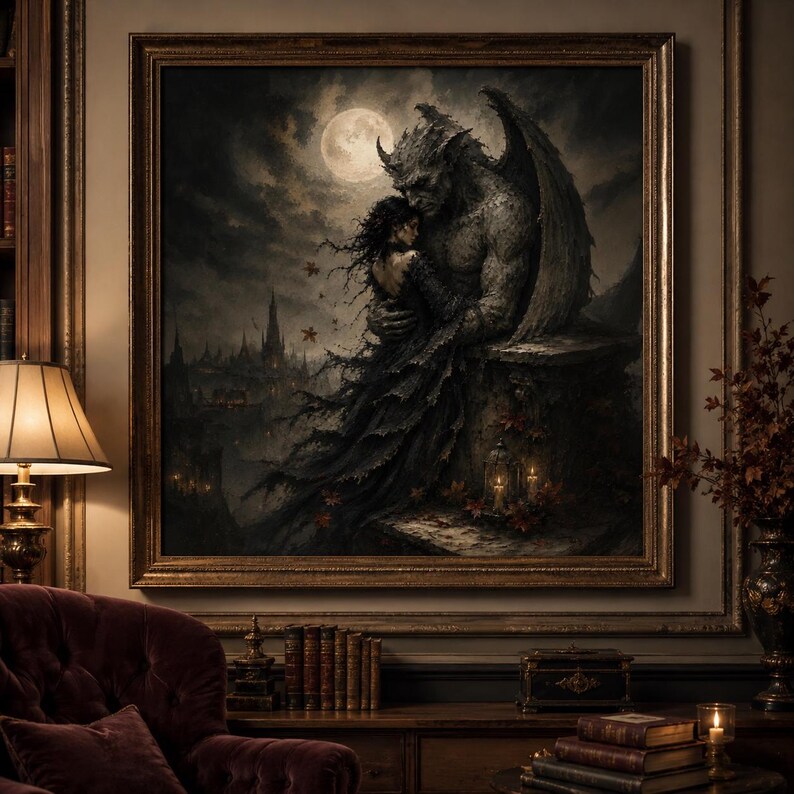 May include: A framed painting depicts a dark fantasy scene. A winged demon embraces a woman under a full moon. The artwork is in shades of gray, black, and white, with a gothic castle in the background. The frame is gold.