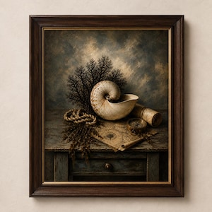 May include: A framed still life painting featuring a nautilus shell, a coiled rope, a compass, and a rolled map on a wooden table. The composition includes dark coral branches against a textured, moody blue and brown background with gold trim.