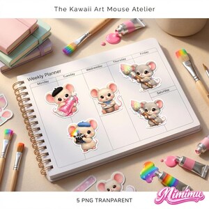 Może przedstawiać: Tygodniowy planer z naklejkami z myszami z kreskówek, tubkami z farbą i pędzlami. Naklejki przedstawiają myszy z przyborami artystycznymi. Widoczny jest tekst "The Kawaii Art Mouse Atelier" i "5 PNG TRANPARENT".