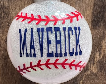 Baseball personalized white shatterproof round 3 inch Christmas ornament
