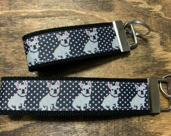 Frenchie Dog ribbon wristlet Key Chain/ Key Fob