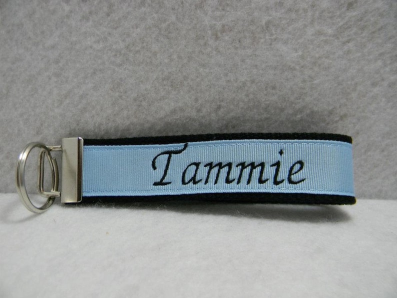 Personalized Key Chain Key Fob...Black and light blue with black letters