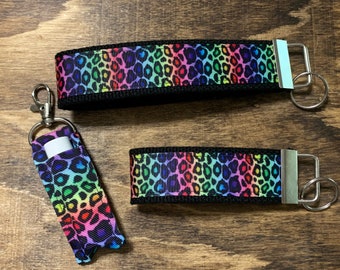 Rainbow Cheetah Ribbon wristlet Key Chain/ Key Fob Accessories