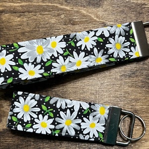 Daisy Black Fabric Ribbon wristlet or Key Chain/ Key Fob Accessories GREAT GIFT
