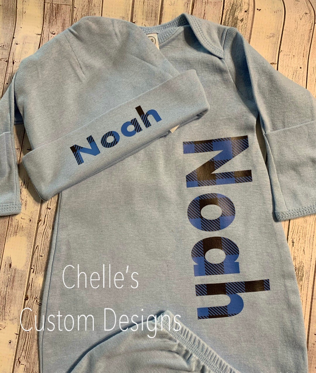 Blue Baby Boy Gown and Hat Layette Set Etsy