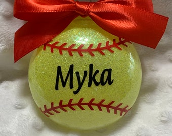 Softball personalized yellow shatterproof round 3 inch Christmas ornament