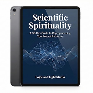 Puede incluir: Una tableta gris oscuro que muestra la portada de "Scientific Spirituality: A 30-Day Guide to Reprogramming Your Neural Pathways". La portada presenta texto blanco y un gráfico de cerebro azul. El logotipo de Logic and Light Studio está en la parte inferior.