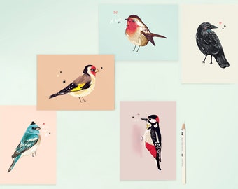 Postcard Set BIRDIES Bird Illustrations / 5 postcards / bird illustration / blue bird / goldfinch / robin / crow / woodpecker / art cards