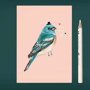 Carte postale Illustration d’oiseau BIRDIE EN BLEU / dessin d’oiseaux / carte d’oiseau / œuvre d’art animal / carte d’art d’oiseau / avec amour