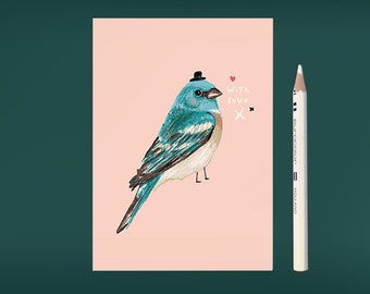 Postcard Bird Illustration BIRDIE IN BLUE / birds drawing / bird card / animal artwork / bird art card / with love
