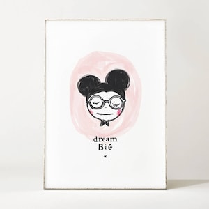 Poster Mouse Illustration DREAM BIG MOUSE / wall decoration / kidsroom / bedroom / kids art print / watercolor hand drawing / pink black image 1