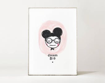 Poster Mouse Illustration DREAM BIG MOUSE / wall decoration / kidsroom / bedroom / kids art print / watercolor hand drawing / pink black