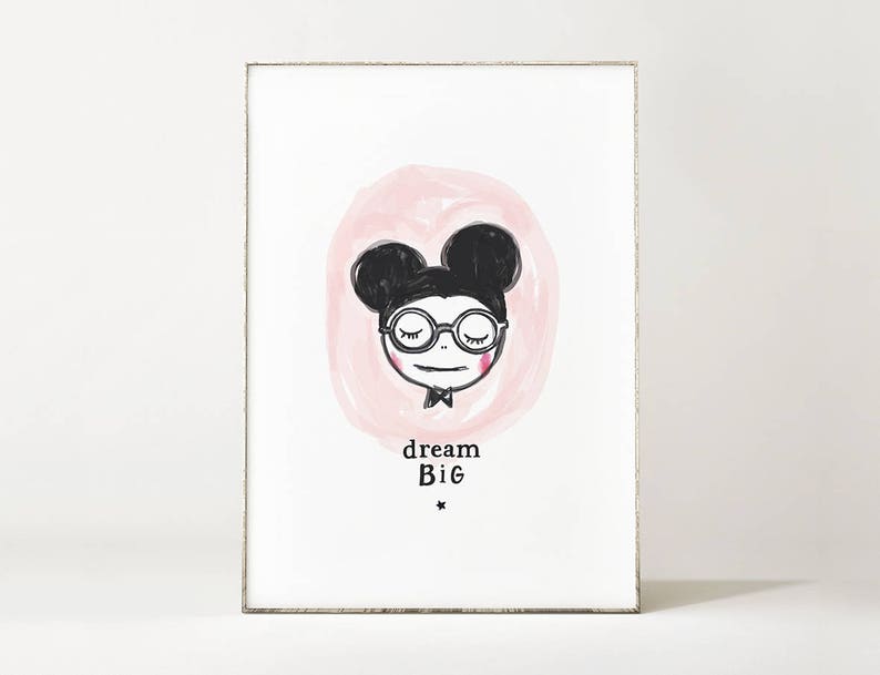 Poster Mouse Illustration DREAM BIG MOUSE / wall decoration / kidsroom / bedroom / kids art print / watercolor hand drawing / pink black image 1