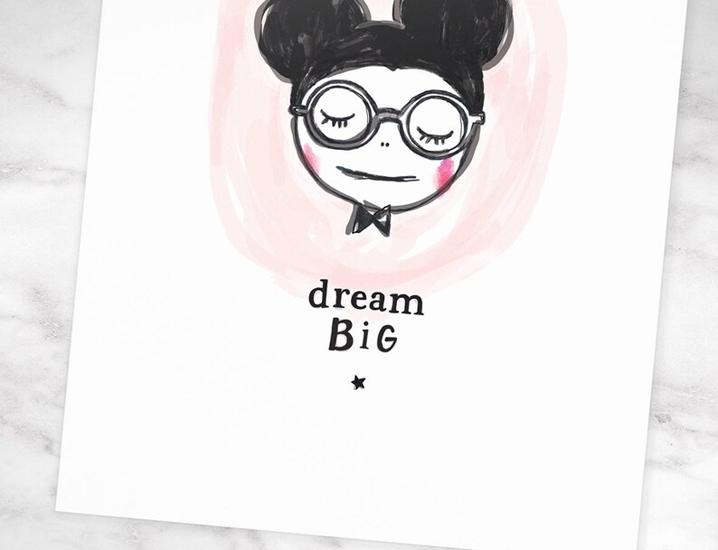 Poster Mouse Illustration DREAM BIG MOUSE / wall decoration / kidsroom / bedroom / kids art print / watercolor hand drawing / pink black image 2