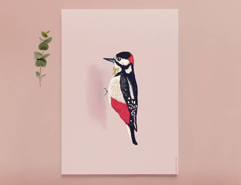 Cartel WOODPECKER BIRD Ilustración / arte de pájaro / dibujo de pájaro carpintero / animal pájaro arte impresión / decoración de pared de colores / selva urbana imagen 2