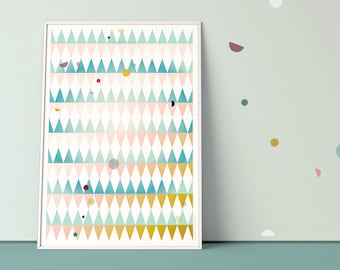 Cartel Escandinavo Impresión DOTS / TRIANGLES / patrón abstracto gráfico / Decoración de pared escandinava / impresión de arte / azul