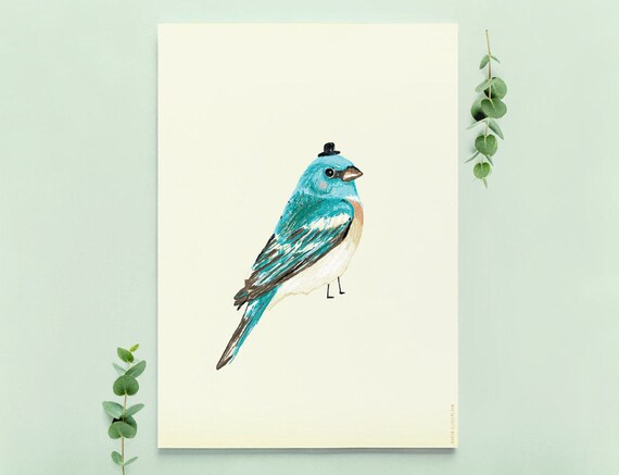 Poster Illustration Oiseau Bleu Oiseau Dessin Animaux Oiseaux Oeuvre Coloré Décoration Murale Illustré Birdies Impression Dart