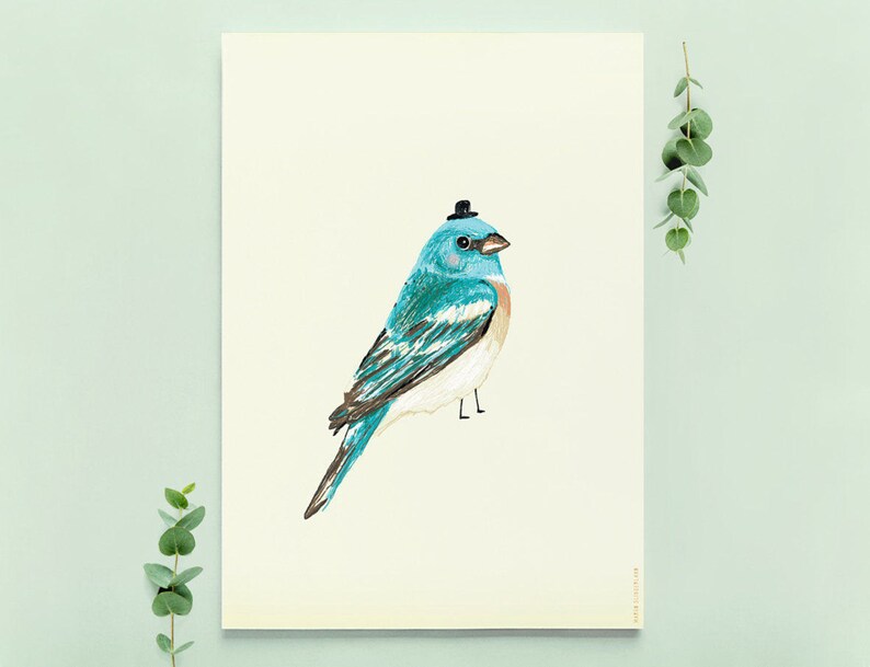 Cartel AZUL BIRD Ilustración / dibujo de aves / arte de pájaros animales / decoración de pared de colores / ilustrado / birdies impresión de arte imagen 2