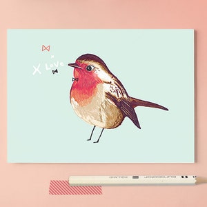 Postal ROBIN BIRD Ilustración / dibujo de aves / arte animal / amor / tarjeta de arte / ilustración birdies