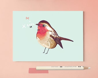 Postcard ROBIN BIRD Illustration / bird drawing / animal artwork / love / art card / birdies illustration