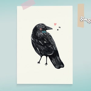 Cartolina CROW BIRDIE / illustrazione uccello / disegno corvo / opere d'arte animale / carta d'arte / solo perché / con amore
