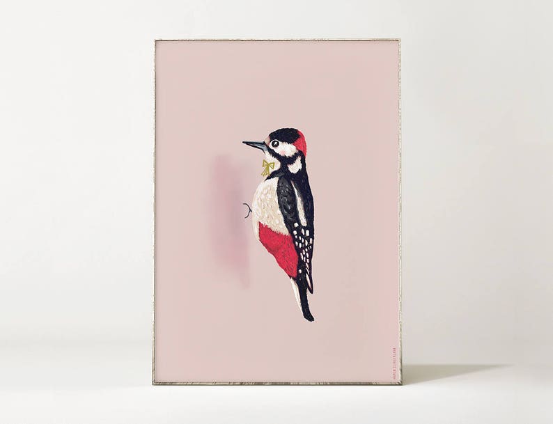 Cartel WOODPECKER BIRD Ilustración / arte de pájaro / dibujo de pájaro carpintero / animal pájaro arte impresión / decoración de pared de colores / selva urbana imagen 1