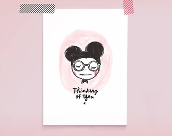 Postcard Mouse THINKING OF YOU / watercolor ink illustration / handdrawn mouse / handlettering / just because card