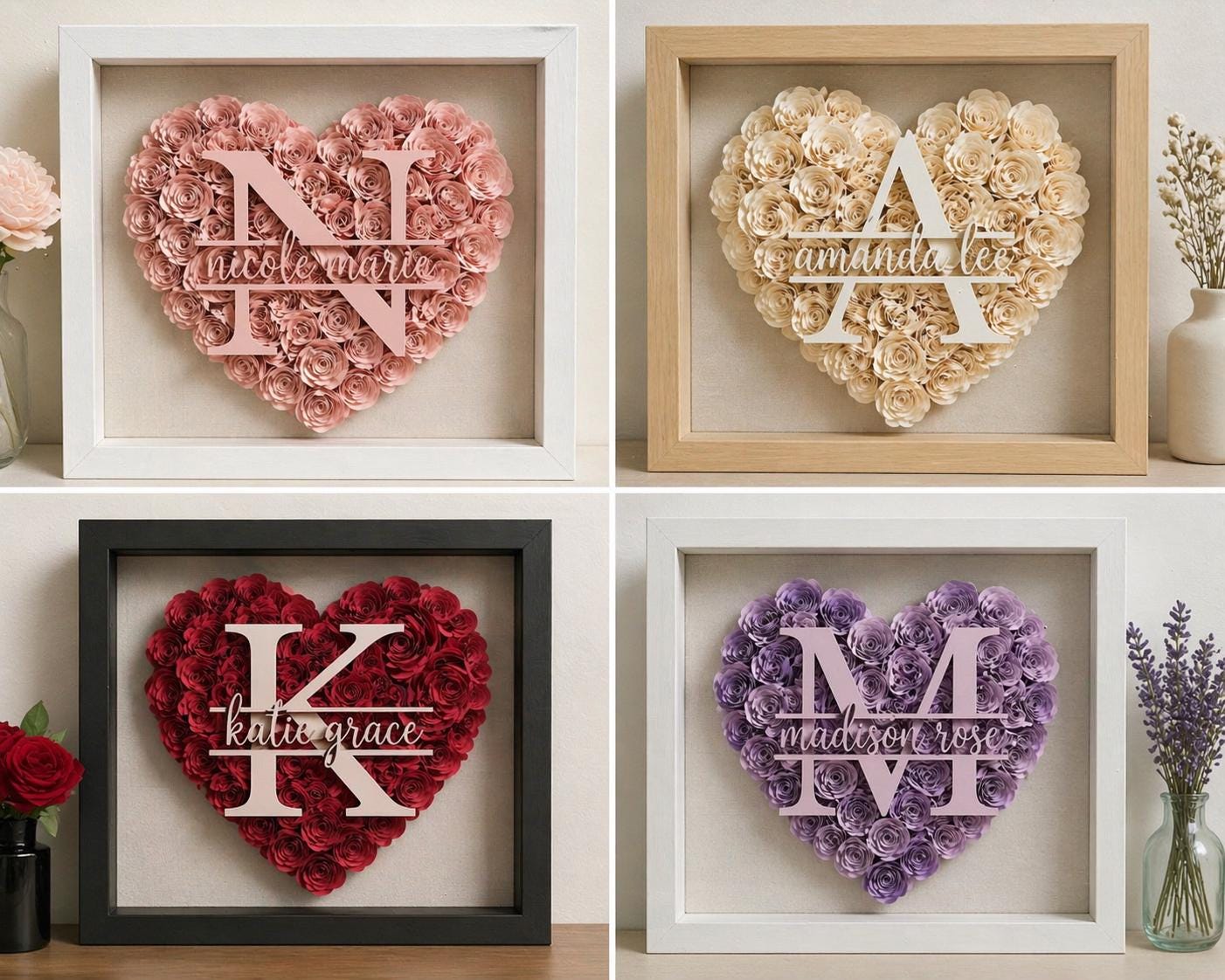 Personalized Floral Heart Shadow Box, Custom Name & Initial Wall Art ...