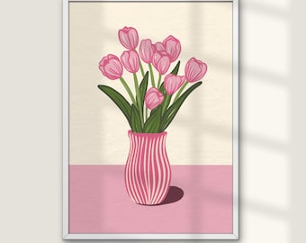 Pink Tulip Bouquet Wall Art Print, Spring Flower Vase Poster